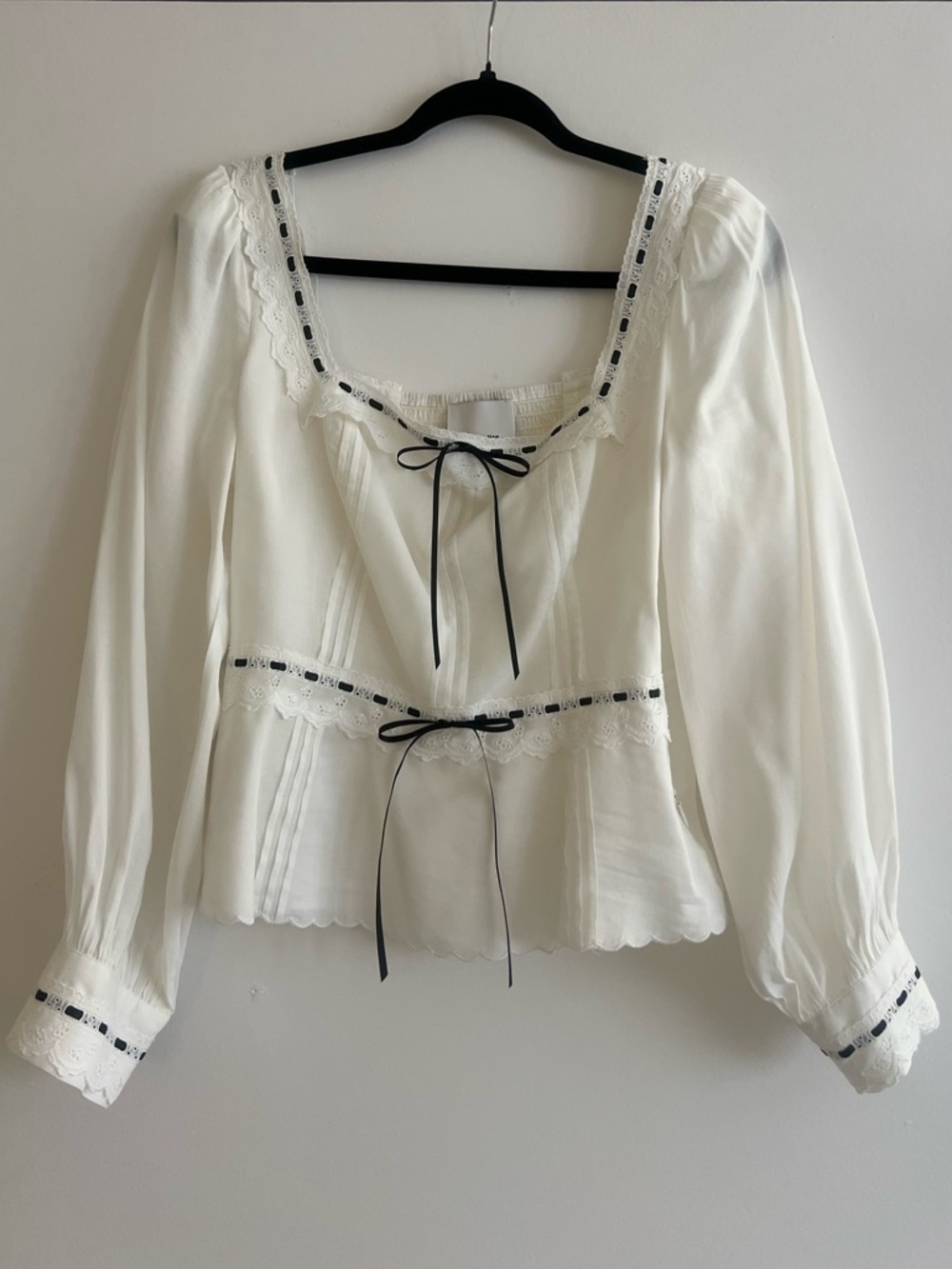 Reformation White Peasant Blouse with Black Ribbon Trim